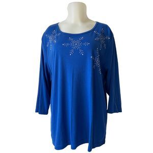 Quacker Factory Royal Blue Snowflake Embellished Knit Top 3/4 Sleeve-Women's 1X